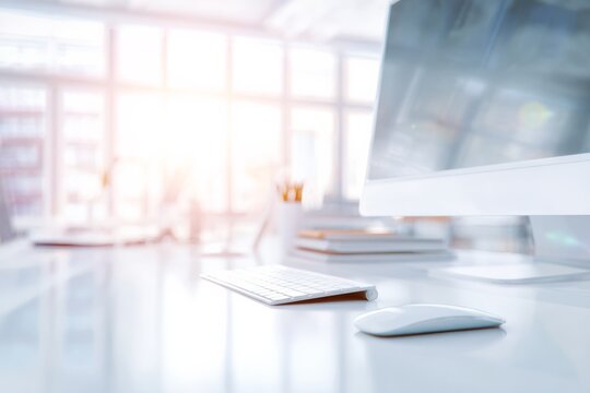 Bright modern office setup with a computer screen wireless keyboard and mouse on a clean white desk bathed in natural sunlight
