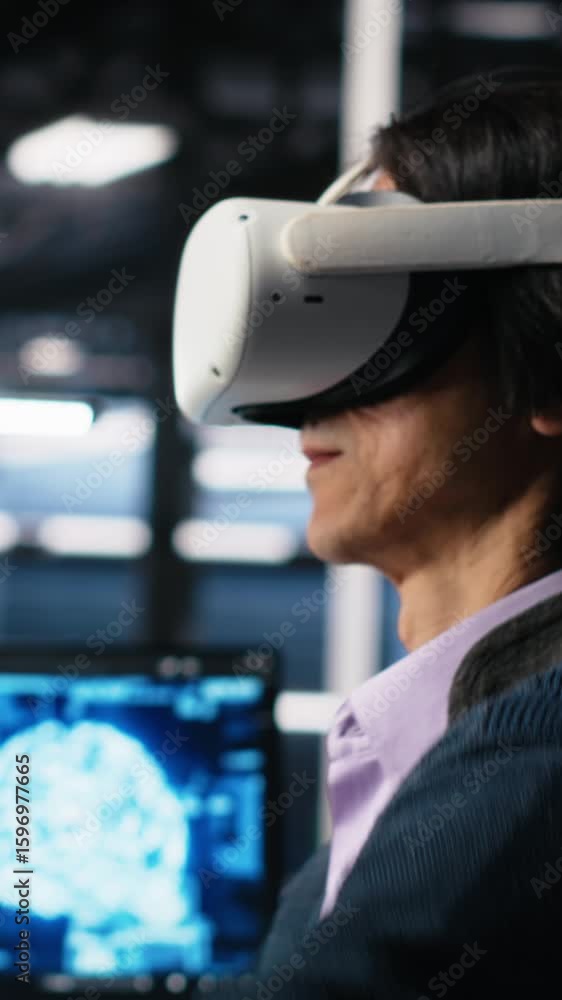 Poster vertical video data center engineer using virtual reality, working on neural network software develo