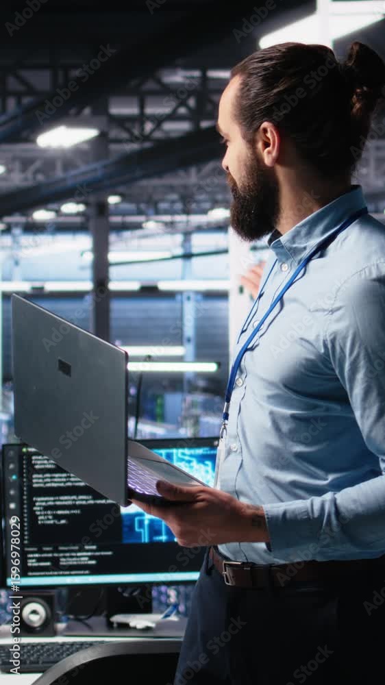 Poster vertical video data center manager presents ai technology to shareholders, demonstrating predictive 