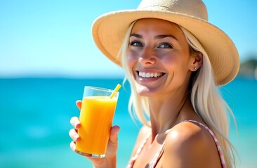 Smiling young blonde woman in hat with orange juice relaxing by the sea
