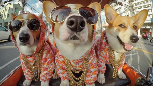 Stylish Corgis in Hoodies and Sunglasses on a City Ride