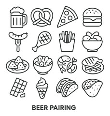 Beer pairing icon collection: linear icons for pizza, burger, pretzel, sausage, and snacks