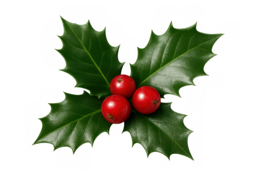 Holly sprig with red berries, isolated on transparent background, perfect for christmas projects