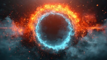 Naklejka premium Fiery circle surrounded by smoke and sparks
