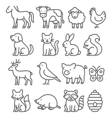 Countryside animal icon collection. farm and forest silhouette animals: horse, cow, sheep, pig, dog, cat, rabbit, vector icons.