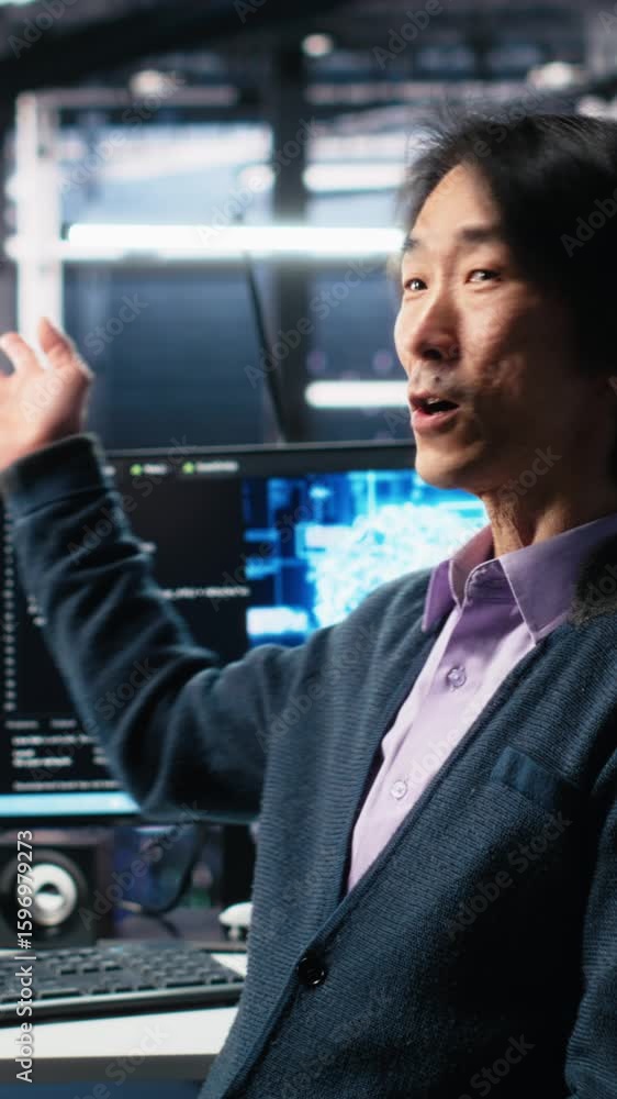 Aufkleber vertical video data center admin waving hand, filming presentation tour, showcasing mainframes and a