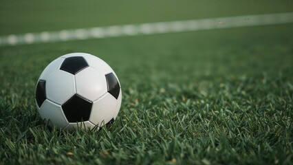Classic black and white soccer ball on grass