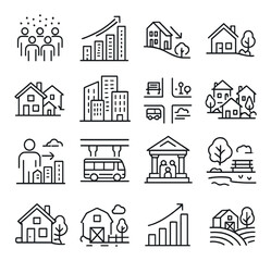 Urban growth icon collection. simple urbanization, housing, transport, nature, economy linear vector icons.