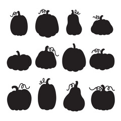 Black silhouette vector illustrations of Thanksgiving pumpkins with vines in various shapes.