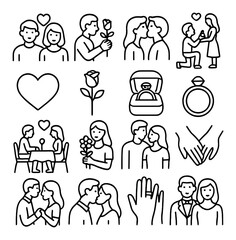 Romantic icon collection. love, couple, heart, ring, date, embrace, silhouette vector icons.