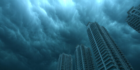 Storm cloudy sky over the metropolis. Thunderstorm weather. Danger of storm in the city, high-rise buildings. Storm warning