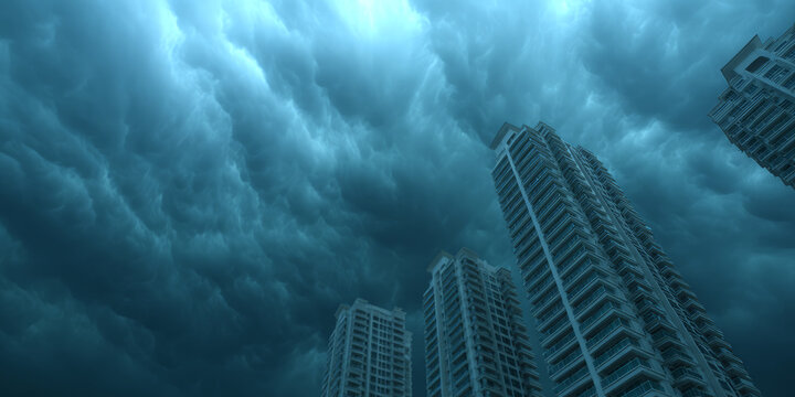 Storm cloudy sky over the metropolis. Thunderstorm weather. Danger of storm in the city, high-rise buildings. Storm warning