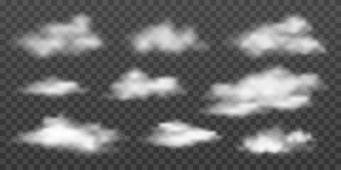 Set of realistic clouds in various forms. Isolated elements with overlay effect. White cumulus clouds, smoke or fog. Cloudy texture, fire smoke wave or smoking explosion. Vector bundle.