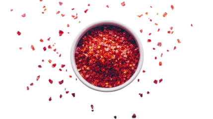 spicy chili red pepper flakes, chopped, milled dry paprika pile in bowl isolated on white, top view on white background