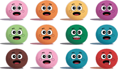 Fototapeta premium Colorful emoji faces vector with different expressions and emotions in round cartoon character design set 