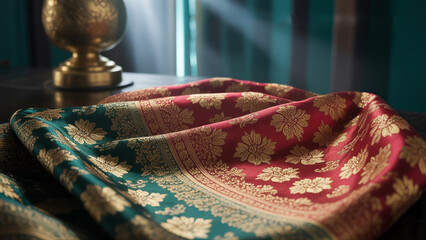 Luxury Brocade Fabric with Gold Floral Pattern