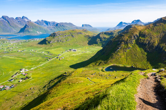 Stunning view from hiking trail from Yttersand beach to Roren, Lofoten Islands, Norway