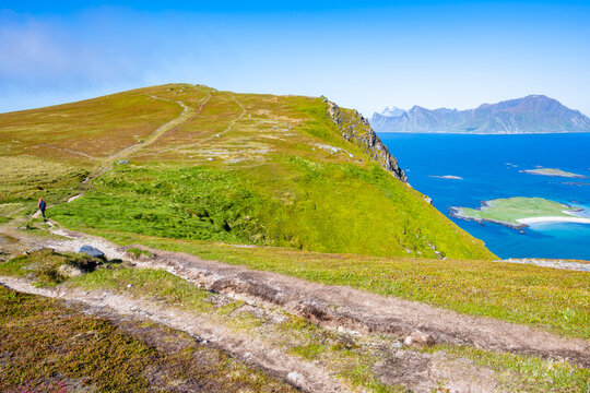Stunning view from hiking trail from Yttersand beach to Roren, Lofoten Islands, Norway