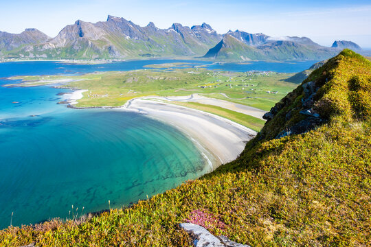 Stunning view of Yttersand beach from hiking trail to Roren, Lofoten Islands, Norway