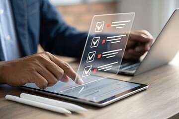 Loan agreement borrow money from bank, mortgage, debt, obligation to pay back interest rate, personal loan, financial support. Person using laptop with approved loan agreement on virtual screen. 
