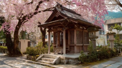 Fototapeta premium Small Shinto Shrine Surrounded by Blooming Cherry Blossoms in Spring