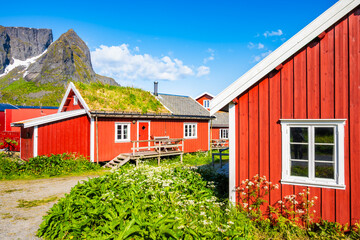 Red traditional type houses used by fishermen's in Reine village on Moskenesoy island in summer, Lofoten Islands, Norway