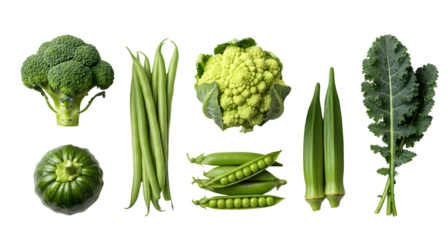 Assorted green vegetables fresh produce healthy eating concept on transparent background