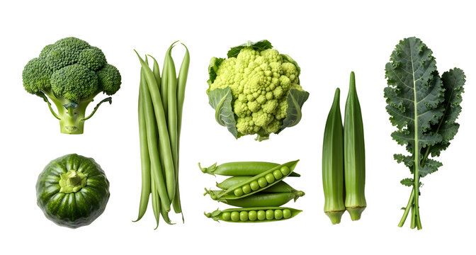 Assorted green vegetables fresh produce healthy eating concept on transparent background
