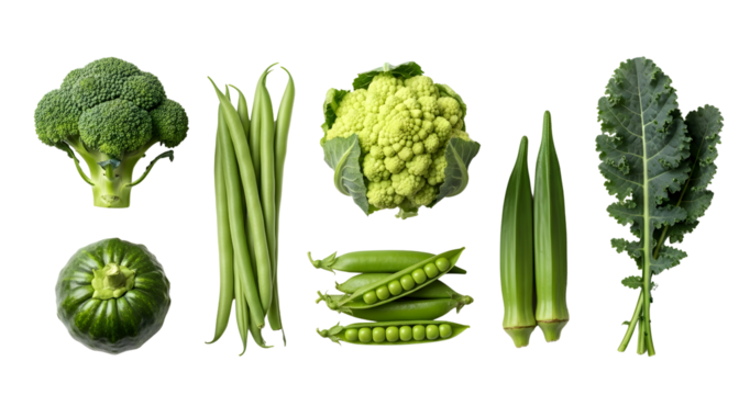 Assorted green vegetables fresh produce healthy eating concept on transparent background