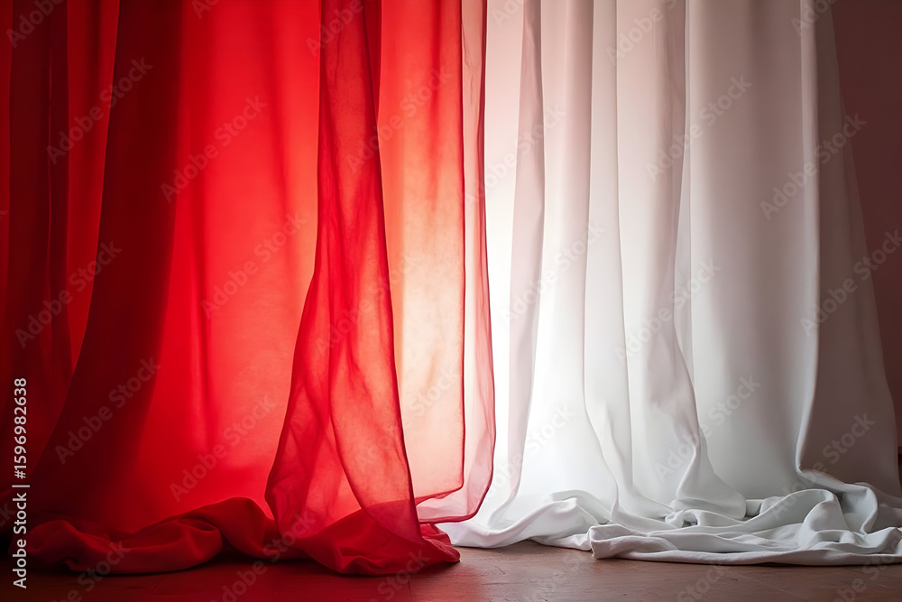 Poster red and white curtains with sheer fabric creating soft shadows