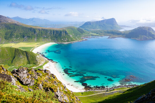 View of Haukland beach from Mannen mountain in summer, Lofoten Islands, Norway