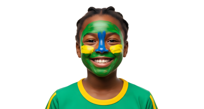 Portrait of young girl with face paint for sports event fun on transparent background