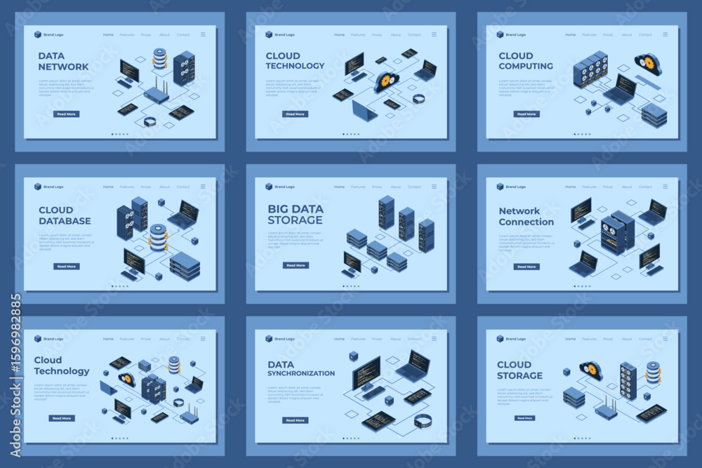 Aufkleber large set of isometric landing page template. modern technology concept for cloud technology, web ho