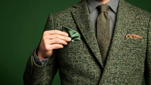 A person in a green tweed suit adjusts a pocket square. Fashion, elegance, style