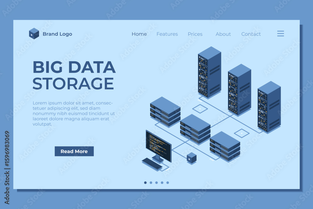 Aufkleber isometric monitoring big data storage landing page. data transmission technology. online hosting tec