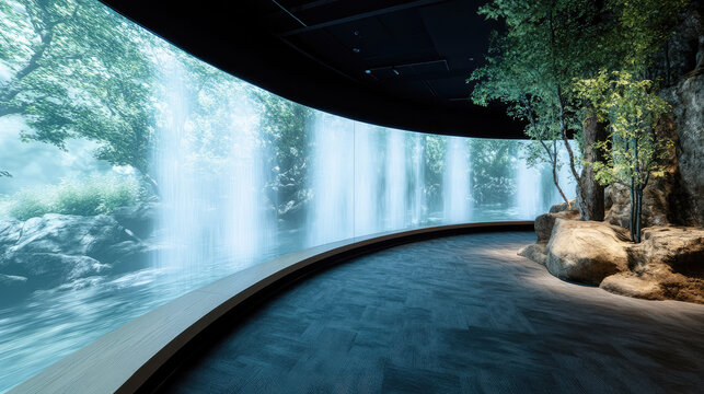 Curved digital screen displays a vivid forest scene with waterfalls, accompanied by artificial rocks and trees on the right. Virtual nature exhibit, peaceful environment