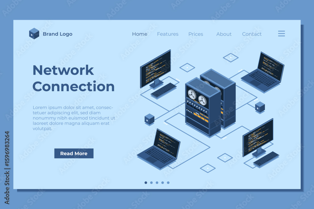 Fototapete Isometric server connecting computers landing page. Network connection. Computing internet digital technology. Web hosting concept. Isometric technology