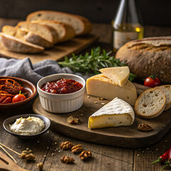 Rustic cheese board with artisan breads, cheddar, camembert, tomato sauce and rosemary 