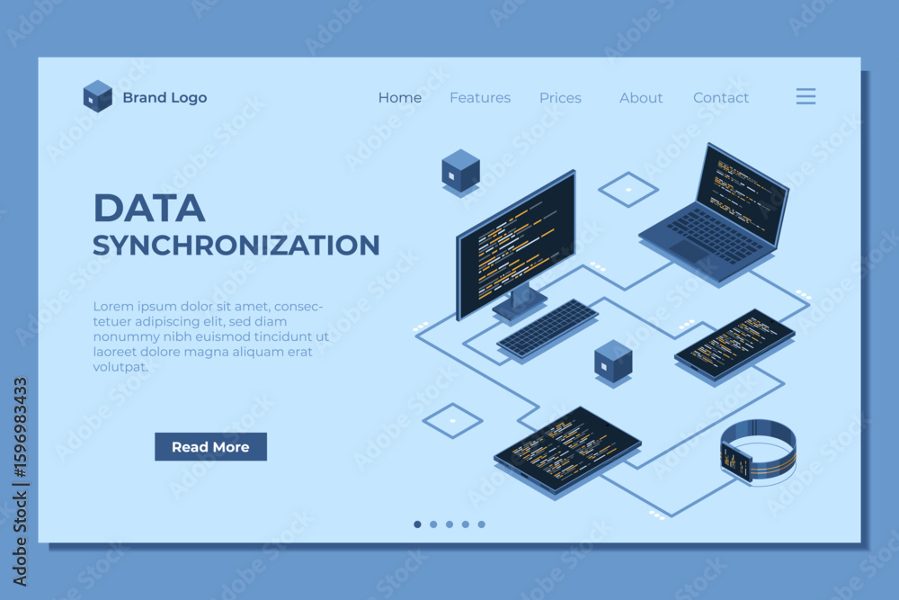 Poster isometric transfer data between different devices landing page. synchronizing data between laptop, s