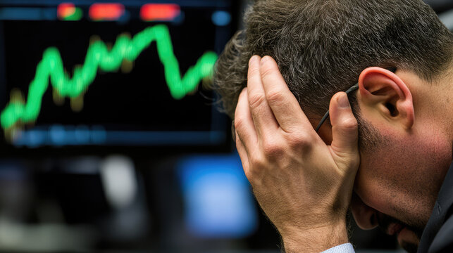 A person with head in hands stressed next to a screen displaying a fluctuating line graph. Concept: financial stress, stock market volatility
