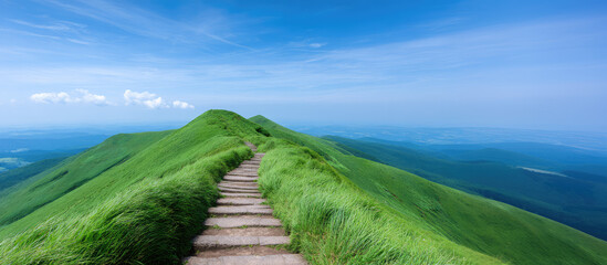 Stone path leads over green hills under a bright blue sky. Scenic nature landscape, tranquility, outdoor adventure, serene view