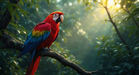 A vibrant macaw perches on a branch in the lush, sundrenched tropical rainforest
