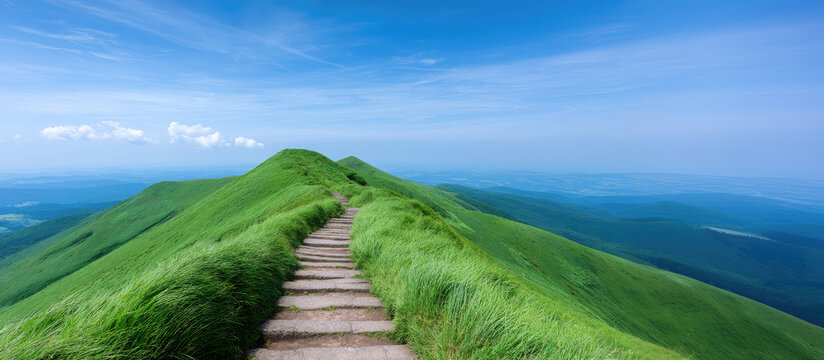 Stone path leads over green hills under a bright blue sky. Scenic nature landscape, tranquility, outdoor adventure, serene view