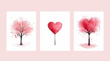 Three whimsical watercolor illustrations of trees shaped like hearts.
