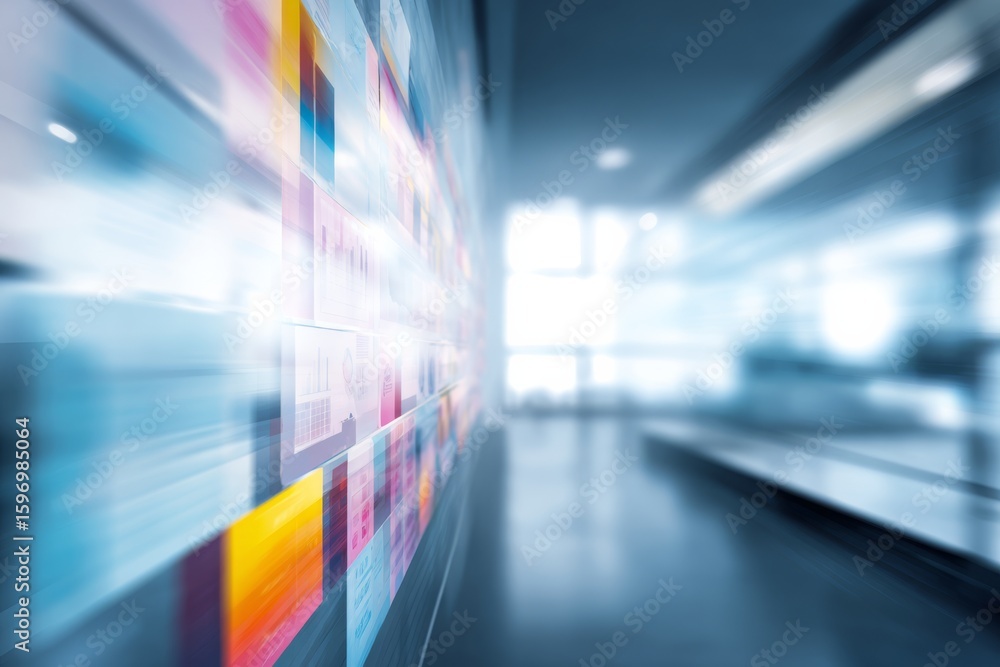 Aufkleber abstract office corridor with colorful graphic panels perspective view blurred motion effect modern 