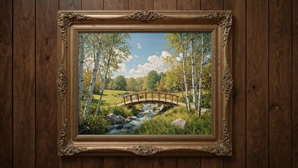 Serene landscape oil painting in rustic frame