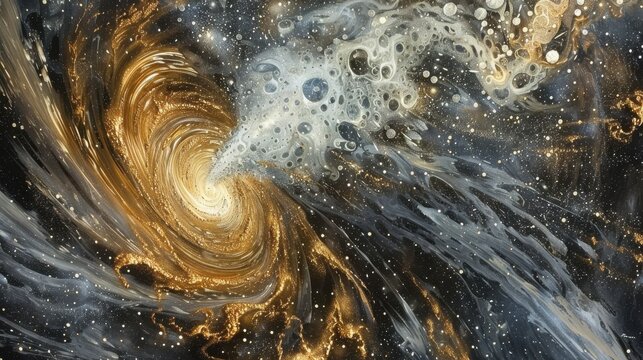 Cosmic wormhole creation, gold spirals & silver energy vortex stars sucked into astrophysical patterns of galactic explosion.