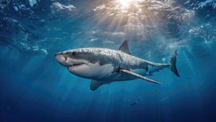 Fototapeta premium Great white shark in sunlit ocean depths (5)