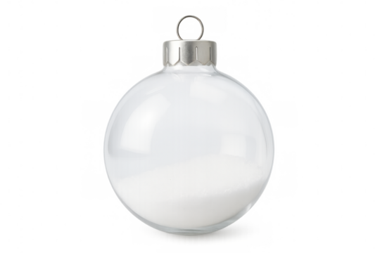 Festive snow globe with sparkling artificial snow, resting on transparent surface, ideal for holiday design and digital presentations