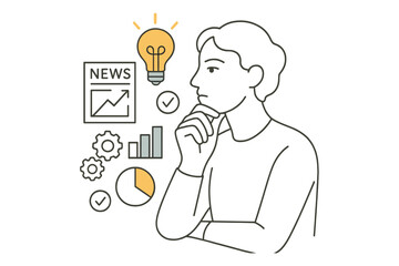 Thinking person analyzing news and data with chart and lightbulb highlight